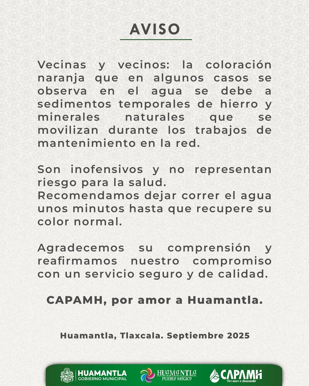 CAPAMH informa sobre coloración temporal en el agua durante trabajos de mantenimiento